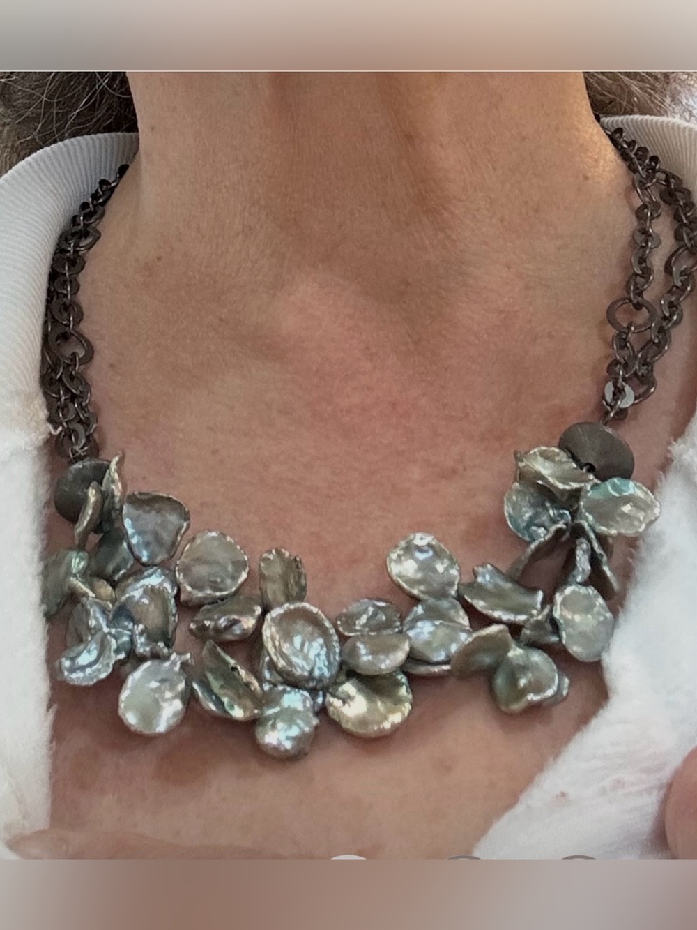 JBB Israel Artisan Sterling Silver Gun Metal Iridescent Keshi Pearl Necklace 20”